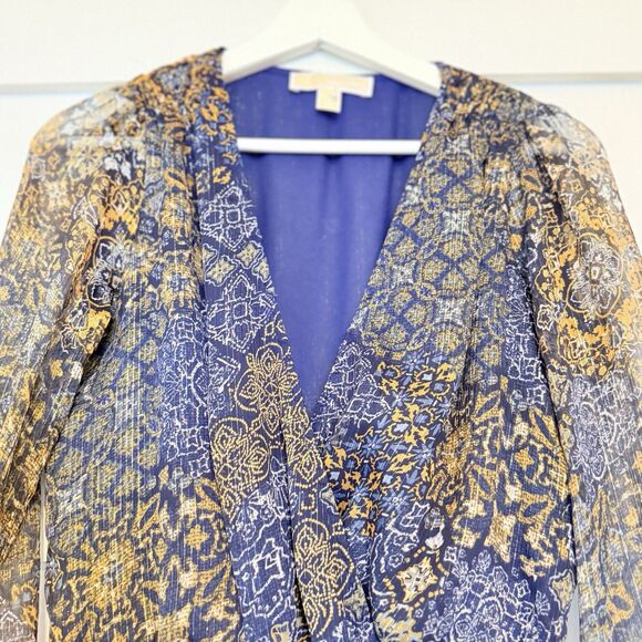 Michael Kors Women's Long Sleeve Midi Dress Navy & Gold Van Gogh Pattern - Picture 5 of 6